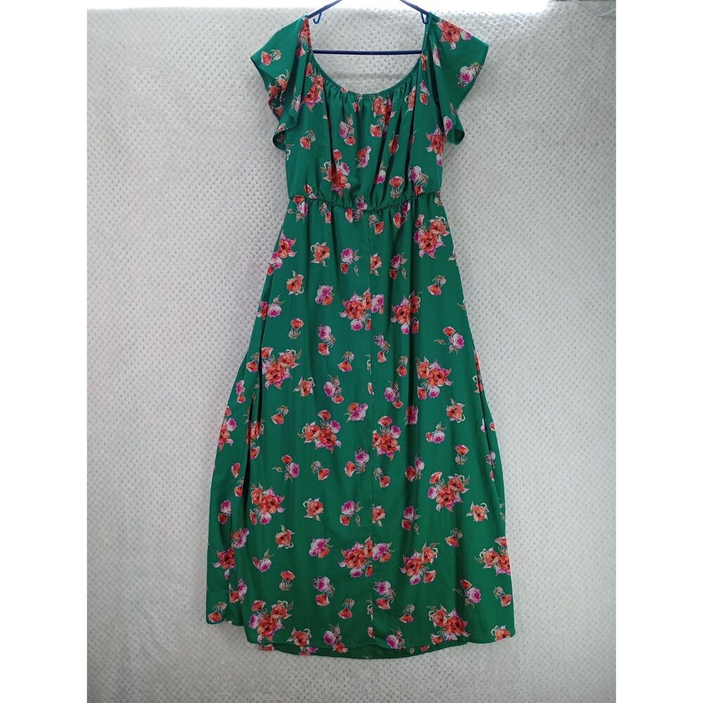 Peach Love California Maxi Dress Women's Large Green Floral Ruffled Split Front